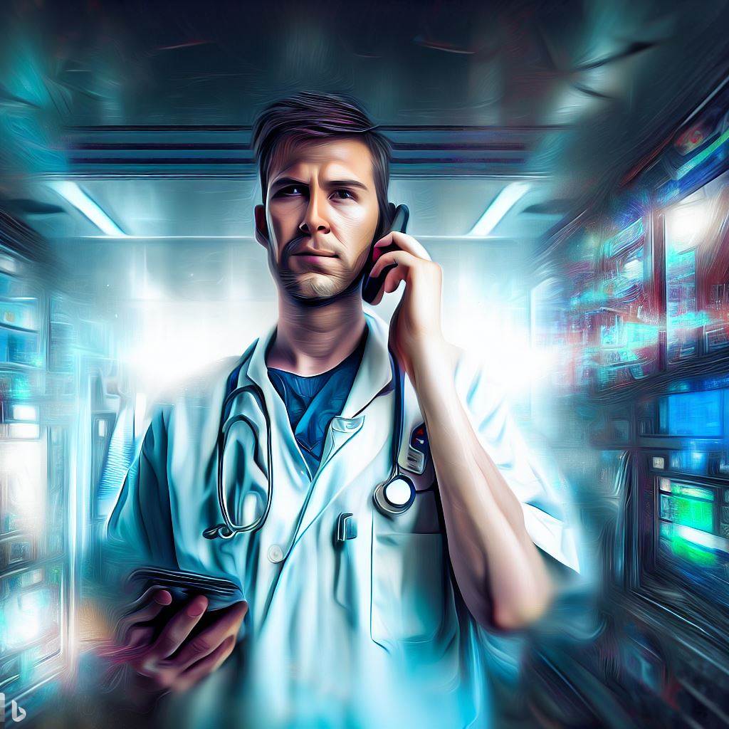 Un interne en médecine qui est de garde aux urgences, en art numérique.